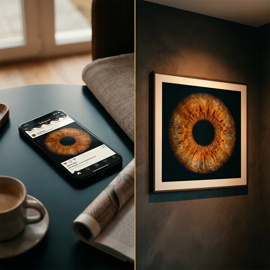 Phone mit Iris-Post auf Tisch und gerahmtes Iris-Wandbild im Wohnraum