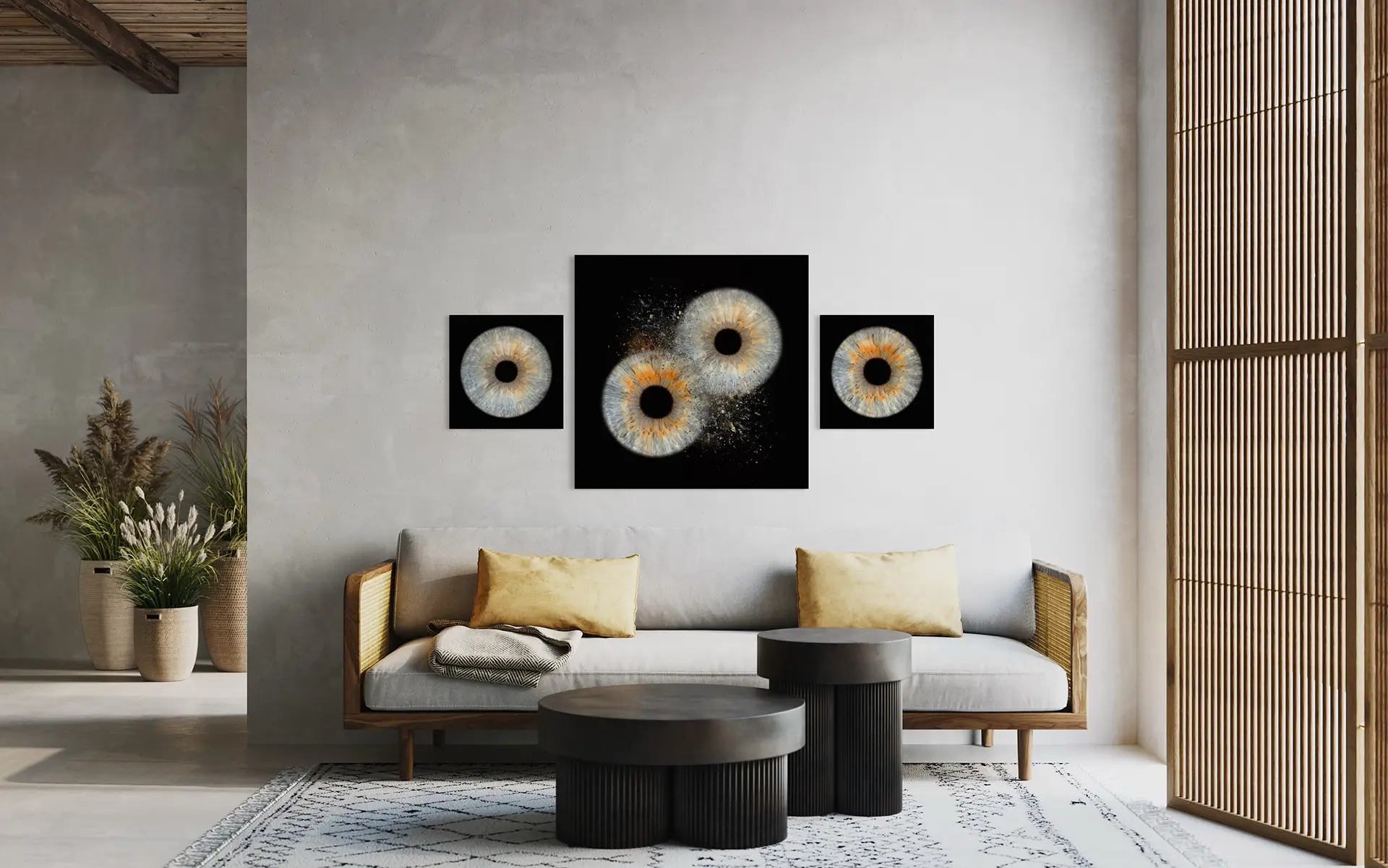 Iris Wandbild Arrangement im Wohnzimmer – Clash und Einzelbilder